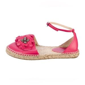 Jimmy Choo - Dylan Pink Leather Espadrille Sandals with Flower Accent